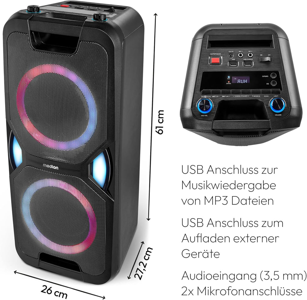 MEDION P61468 Party-Soundsystem (Partylautsprecher inkl. Mikrofon, Karaoke, Akku, UKW Radio, Bluetooth 5.0, Kompaktanlage, 2X 220 Watt, Farbige LED, USB, AUX, 2X Mikrofonanschluss)