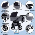 GaGaDumi Boston Kinderwagen 3 in 1 Komplettset mit Autositz - Kombikinderwagen mit großen Rädern - TÜV-zertifiziert - Baby Stroller Set - für Neugeborene und Kleinkinder Grau Jeans
