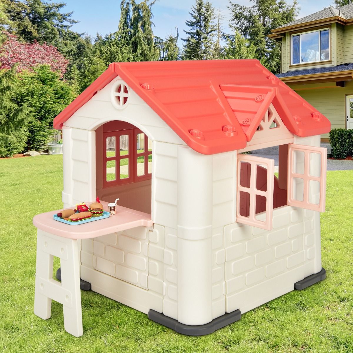 Maison Chef House -Thème Burger Bar - Table de Pique Nique Cabane de Jardin Anti-UV en Plastique 164x124x132 cm Bleu/Rose/Jaune