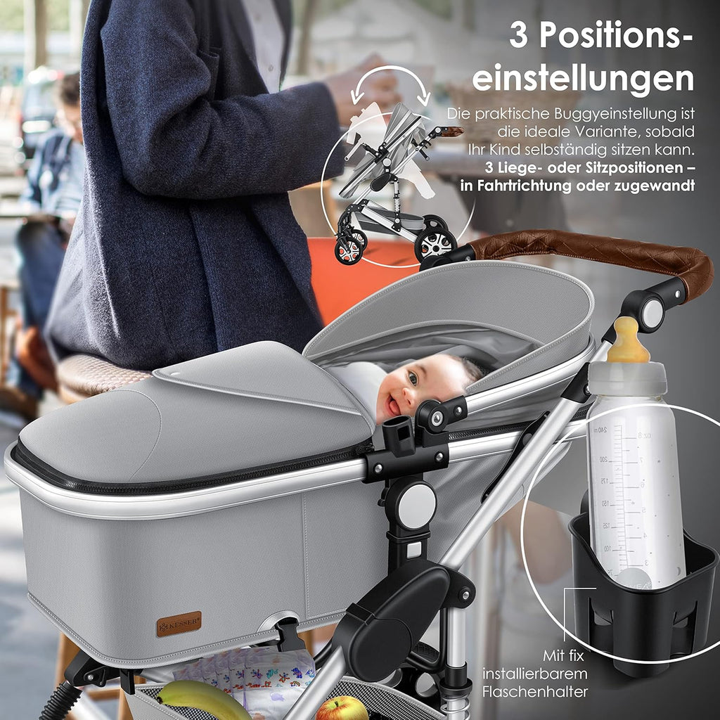 KESSER® Loops 3 in 1 Kinderwagen Kombikinderwagen Komplett-Set inkl. Babywanne & Buggy Sportsitz & Auto-Babyschale Voll-Gummireifen Wickeltasche Regenschutz Kindertisch ECE R129, Grau/Silber