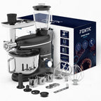 Fentic 6-in-1 Küchenmaschine – 2000W – Mit Fleischwolf, 1,5L Entsafter, Gemüseschneider und Mehr – Knetmaschine mit 6,2L Rührschüssel, Rührhaken, Knethaken, Schlagbesen und Spritzschutz (Schwarz)