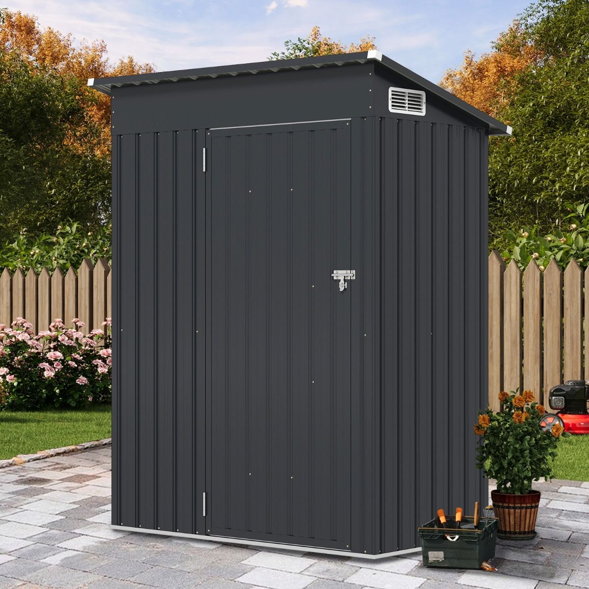 Abri de Rangement Toutes Saisons Abri à Outils Utilitaire avec Toit en Pente Porte Ouvrante Aérations Cadre en Métal Galvanisé Gris