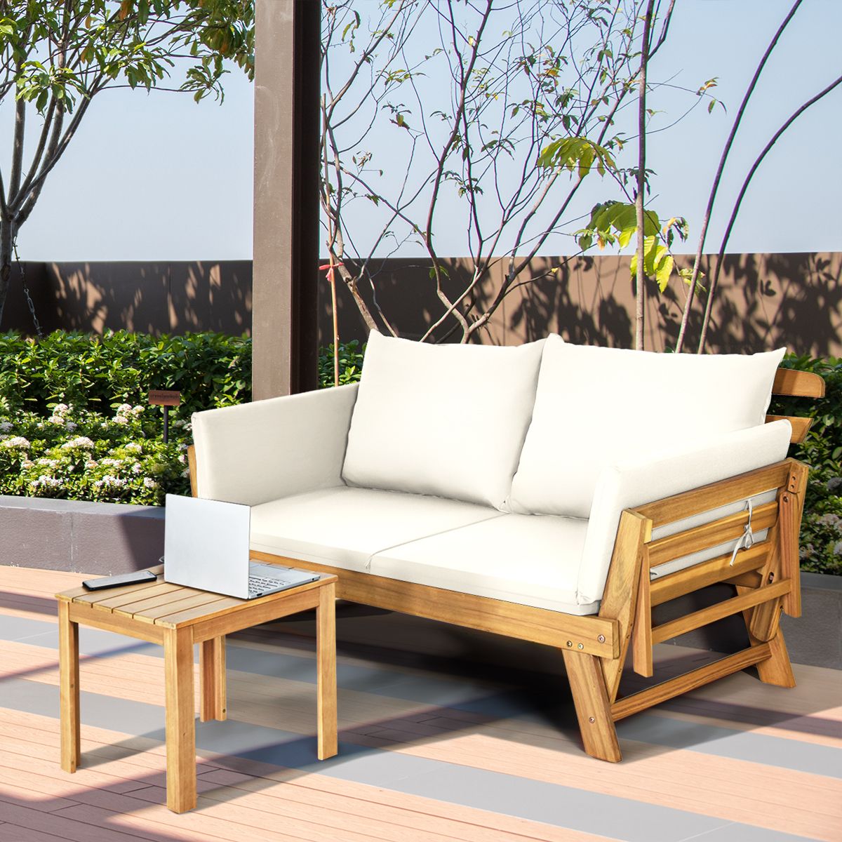 Chaise Longue Convertible avec Coussin Canapé de Jardin 2 en 1 en Bois d’Acacia avec Accoudoir Réglable pour Patio Piscine Jardin Blanc/Gris/Bleu/Rouge