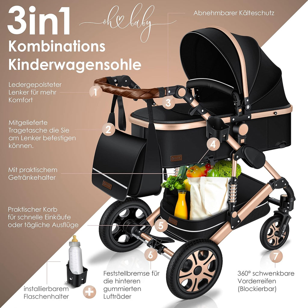 KESSER® Loops 3 in 1 Kinderwagen Kombikinderwagen Komplett-Set inkl. Babywanne & Buggy Sportsitz & Auto-Babyschale Voll-Gummireifen Wickeltasche Regenschutz Kindertisch ECE R129, Schwarz/Champagne