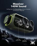 soundcore Boom 2 Plus Outdoor Lautsprecher, 140W, 2+2 Channel, BassUp 2.0, 20h, Schnellladung, IPX7 wasserdicht, RGB Lichter, USB-C, Power Bank, BT 5.3, tragbarer Bluetooth Lautsprecher, Camping