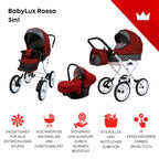 BabyLux® Bambimo Kinderwagen Set 2 in 1 - Rosso - incl. Babywanne, Buggy Sportsitz - Kinderwagenset - Kombikinderwagen mit Wickeltasche, Regenschutz, Moskitonetz, Cupholder usw.