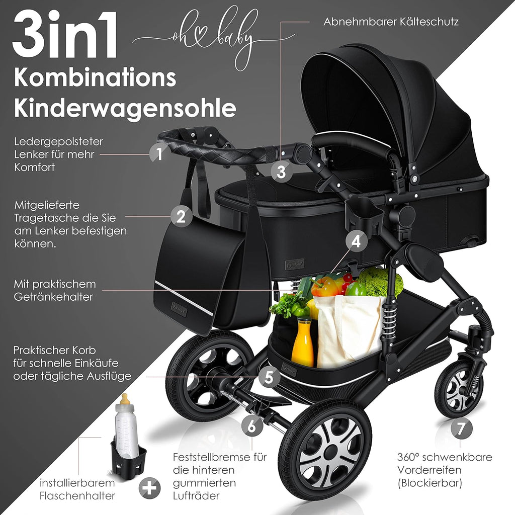 KESSER® Loops 3 in 1 Kinderwagen Kombikinderwagen Komplett-Set inkl. Babywanne & Buggy Sportsitz & Auto-Babyschale Voll-Gummireifen Wickeltasche Regenschutz Kindertisch ECE R129, Grau/Silber