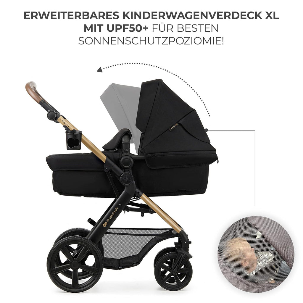 Kinderkraft MOOV2 AIR Kinderwagen 3 in 1 Kinderwagenset bis 26 kg mit Kindersitz I-SIZE 40-75 cm, Buggy Funktion, Liegeposition verstellbar, Große ausziehbare Verdeck, Aufblasbare Räder, Schwarz