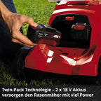 Einhell Akku-Rasenmäher RASARRO 36/38 Kit Power X-Change (36 V, 38 cm Schnittbreite, 450 m², Brushless, Mulchfunktion, 45L Fangkorb, inkl. 2x 4,0 Ah Akkus + Twincharger)