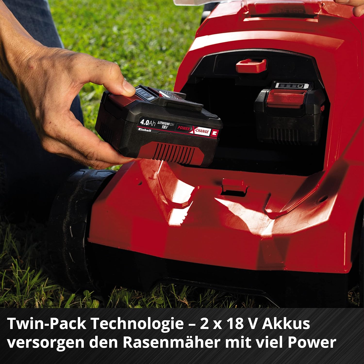 Einhell Akku-Rasenmäher RASARRO 36/38 Kit Power X-Change (36 V, 38 cm Schnittbreite, 450 m², Brushless, Mulchfunktion, 45L Fangkorb, inkl. 2x 4,0 Ah Akkus + Twincharger)