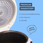 REISHUNGER Digitaler Reiskocher & Dampfgarer Schwarz | 1,5 L bis 8 Personen | Warmhaltefunktion, Timer & Premium Innentopf | Multikocher, 12 Programme, 7-Phasen-Technologie