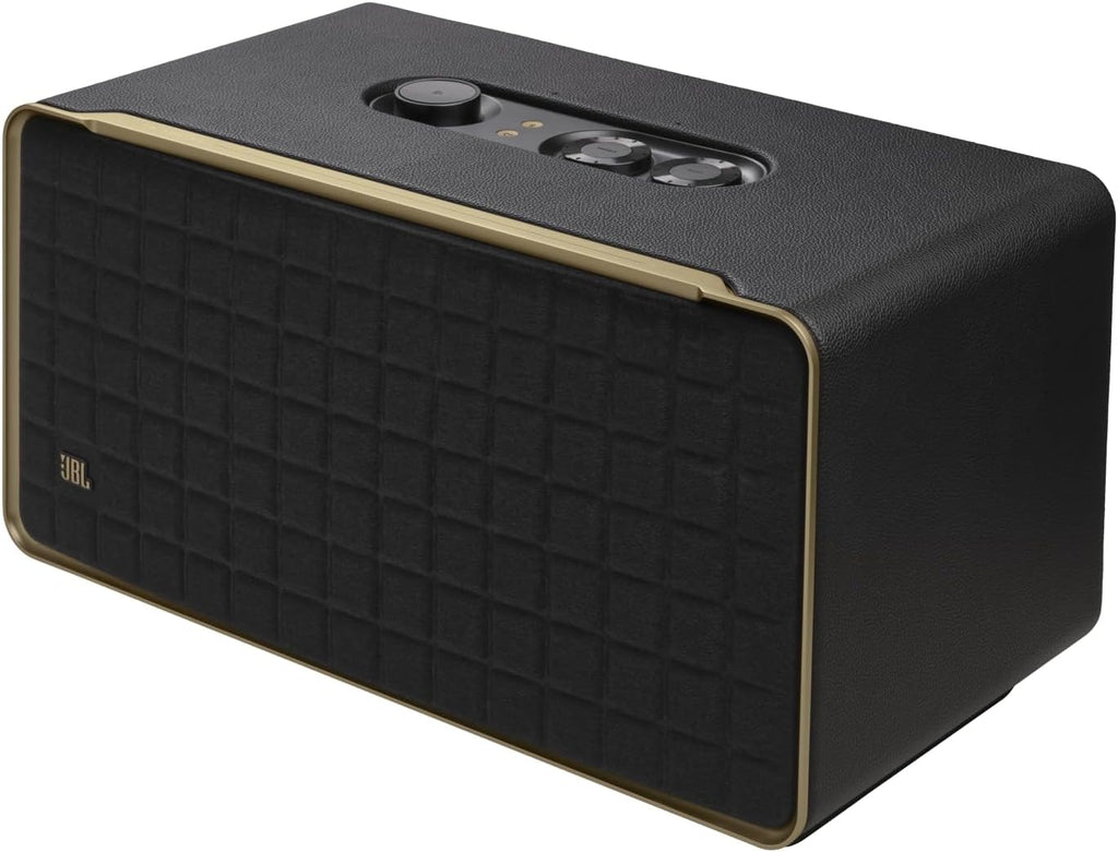 JBL Authentics 200 Smart Home Lautsprecher – 70er Jahre Retro-Design Bluetooth Box – Mit Quadrex Grill, Google Assistant, Alexa, AirPlay und JBL One App – Schwarz