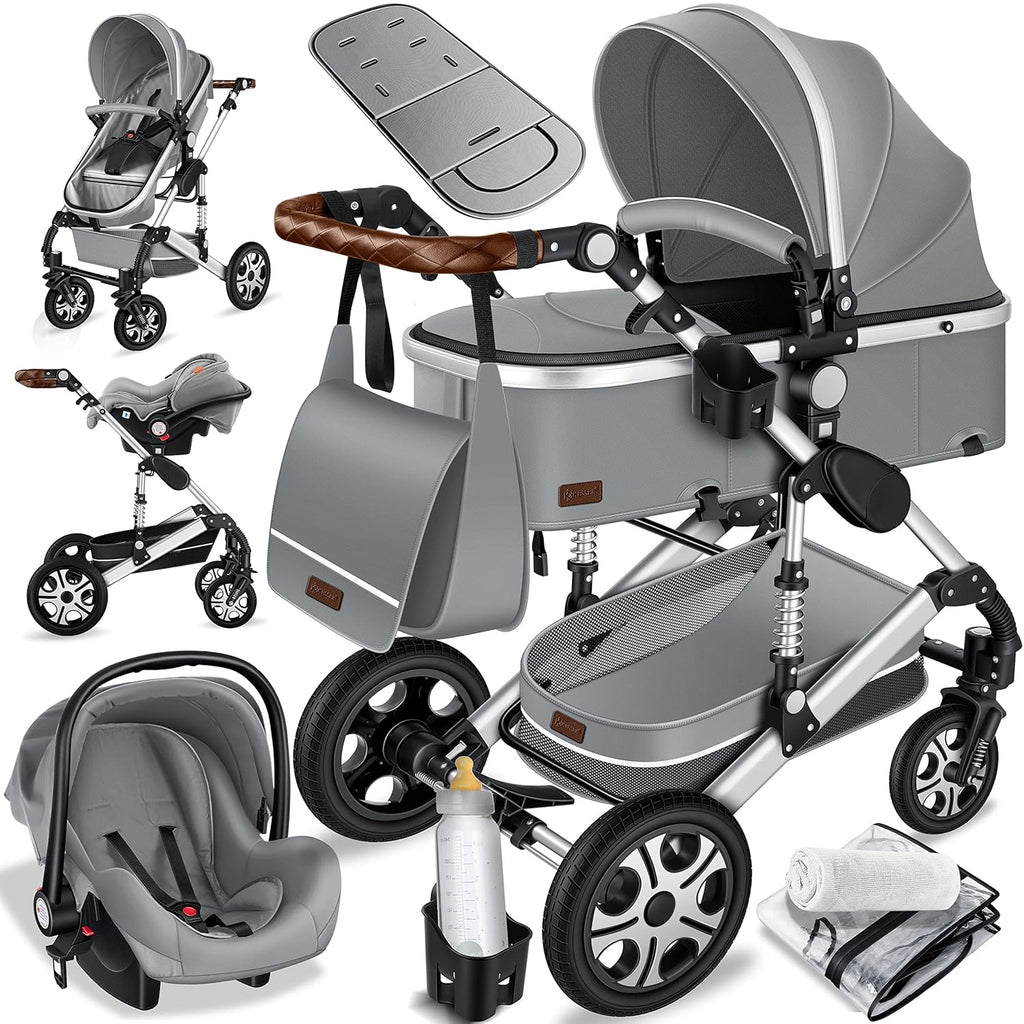 KESSER® Loops 3 in 1 Kinderwagen Kombikinderwagen Komplett-Set inkl. Babywanne & Buggy Sportsitz & Auto-Babyschale Voll-Gummireifen Wickeltasche Regenschutz Kindertisch ECE R129, Schwarz/Champagne