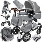 KESSER® Loops 3 in 1 Kinderwagen Kombikinderwagen Komplett-Set inkl. Babywanne & Buggy Sportsitz & Auto-Babyschale Voll-Gummireifen Wickeltasche Regenschutz Kindertisch ECE R129, Grau/Silber