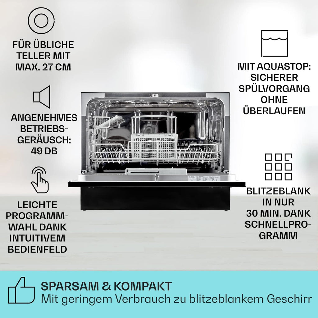 Klarstein  ia 8 - Spülmaschine, Geschirrspüler, Freistehend, Teilintegriert, F, 55 cm breit, 8 Maßgedecke, 6 Programme, Aquastop, silber