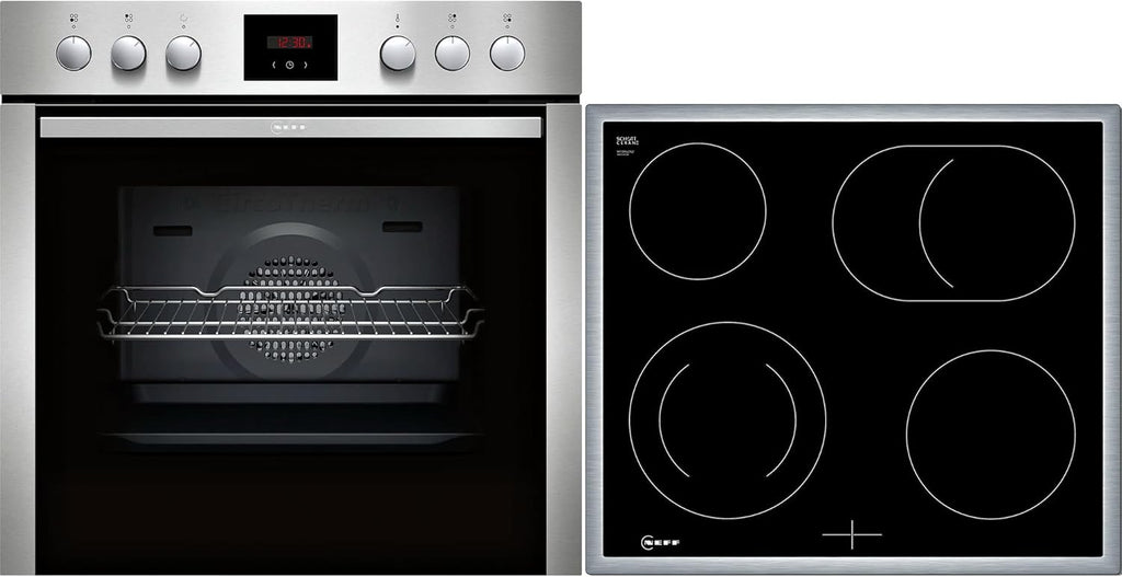 NEFF EDX442, Set bestehend aus E1ECD0AN0, N 30, Einbauherd mit CircoTherm, 60 x 60 cm, Edelstahl und M13R42N2, N 50, herdgesteuertes Elektrokochfeld, 60 cm, Schwarz, mit Rahmen aufliegend