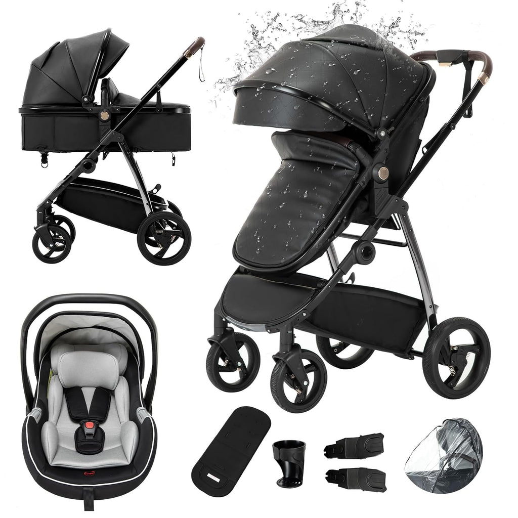 Gcarebb 3 in 1 Kinderwagen, Buggy Mit Auto Babyschale, Mit Höhenverstellbarer Kinderwagen Komplettset, KombiKinderwagen Mit Aluminiumrahmen für Neugeborene 0-4 Jahre