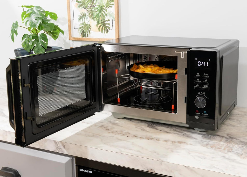 Sharp RCA271TB 5-in-1 Airfry-Mikrowelle 900W, Grill 1000 W, Heißluft & AirFry-Funktion, Konvektion 2100W, 27 L, 28 Autom.pr., Gewicht und zeitgesteuertes Auftauen, Schwarz
