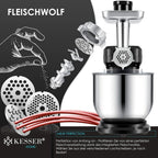 KESSER® 3 in 1 Universal Küchenmaschine K-KM 3000 mit Fleischwolf Knetmaschine Multifunktionale Rührmaschine 5,5L Schüssel mit 3 Rührwerkzeuge, 1,5L Entsafter, Zubehör-Set, Pasta & Gebäckformen