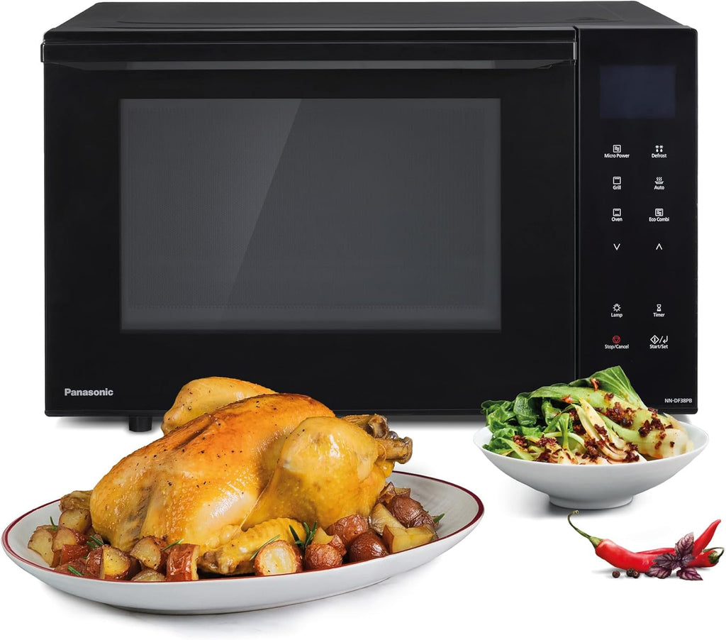 Panasonic NN-DF38PBEPG Kombi-Mikrowelle & Grill, 1000 W, 23 l, Inverter-Tech, Eco Kombi Modus, Flachbett, 16 Auto-Programme & Auftau-Modi, emailliertes Blech, Gitterrost, leichte Reinigung, Schwarz