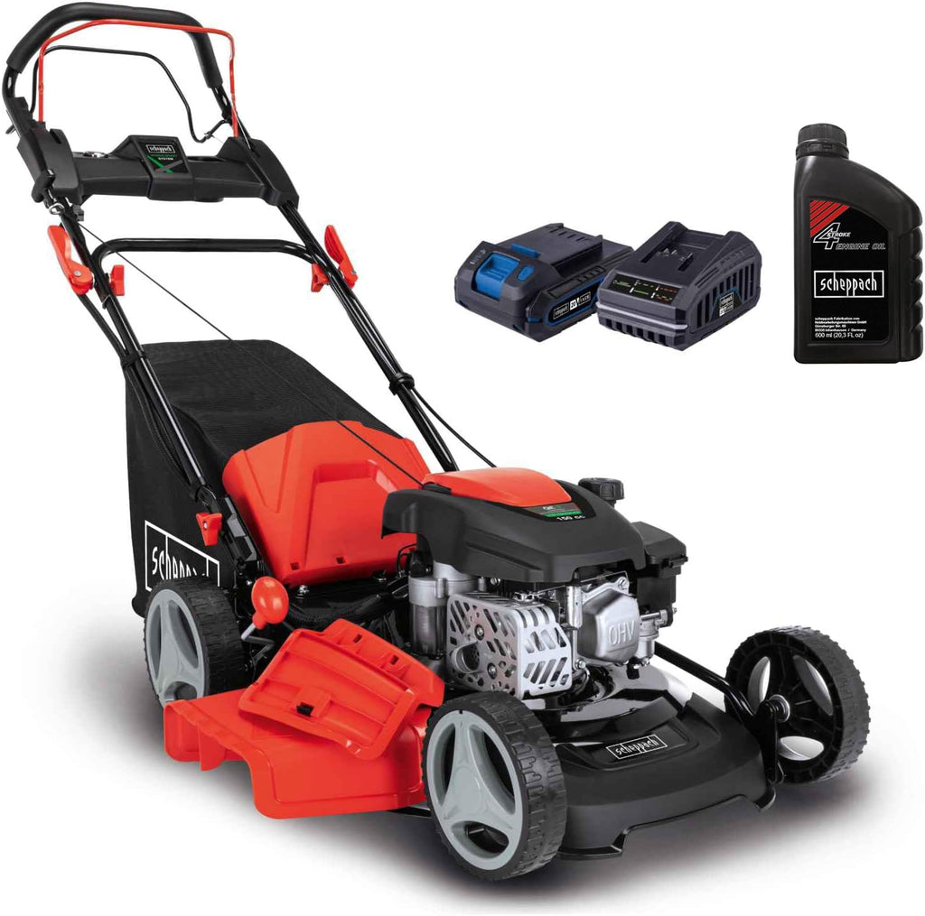 Scheppach MS150-46E Benzin Rasenmäher mit E-Start | 46cm Schnittbreite | Reinigungsfunktion | 55 Liter Fangkorb | Stahlgehäuse | 7-stufige Höhenverstellung | Mulchfunktion | Radantrieb | Seitenauswurf