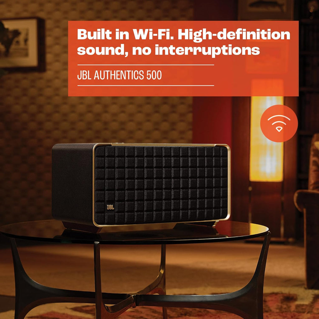 JBL Authentics 200 Smart Home Lautsprecher – 70er Jahre Retro-Design Bluetooth Box – Mit Quadrex Grill, Google Assistant, Alexa, AirPlay und JBL One App – Schwarz