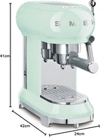 Smeg, ECF01WHEU Manual Espresso -Maschine, Cappuccino -System, Thermoblock, große Tassengehäuse und Doppelkaffeefunktion, 1 l Wassertank, kompakte Abmessungen, 1350W, Weiß