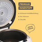 REISHUNGER Digitaler Reiskocher & Dampfgarer Schwarz | 1,5 L bis 8 Personen | Warmhaltefunktion, Timer & Premium Innentopf | Multikocher, 12 Programme, 7-Phasen-Technologie