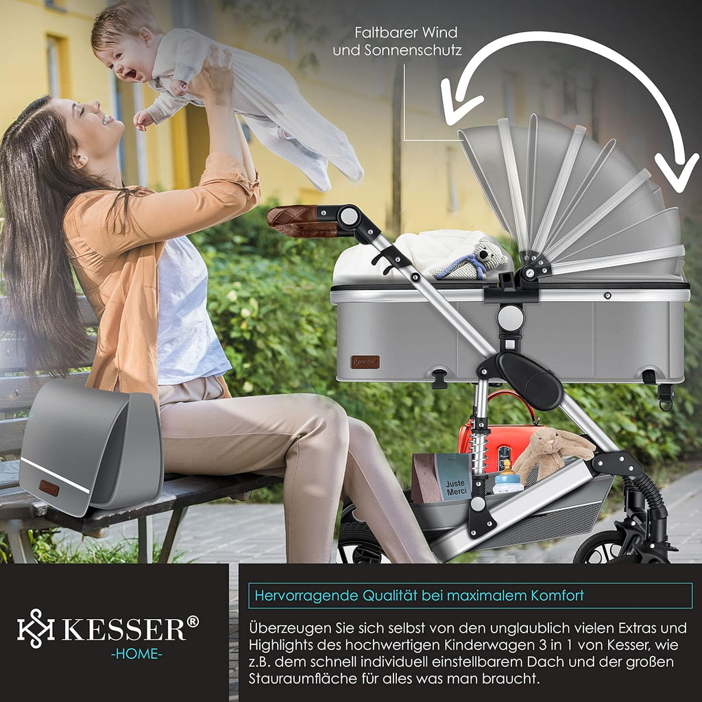 KESSER® Loops 3 in 1 Kinderwagen Kombikinderwagen Komplett-Set inkl. Babywanne & Buggy Sportsitz & Auto-Babyschale Voll-Gummireifen Wickeltasche Regenschutz Kindertisch ECE R129, Grau/Silber