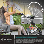 KESSER® Loops 3 in 1 Kinderwagen Kombikinderwagen Komplett-Set inkl. Babywanne & Buggy Sportsitz & Auto-Babyschale Voll-Gummireifen Wickeltasche Regenschutz Kindertisch ECE R129, Grau/Silber