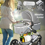 KESSER® Loops 3 in 1 Kinderwagen Kombikinderwagen Komplett-Set inkl. Babywanne & Buggy Sportsitz & Auto-Babyschale Voll-Gummireifen Wickeltasche Regenschutz Kindertisch ECE R129, Grau/Silber
