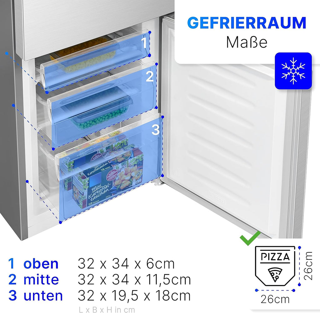 Bomann Fridge-Freezer KG 320.2, 143 cm High, Fridge-Freezer with 175 Litre Capacity, 3 Shelves and 3 Drawers, Door Stop Replaceable, Quiet Fridge-Freezer 39 dB, Black