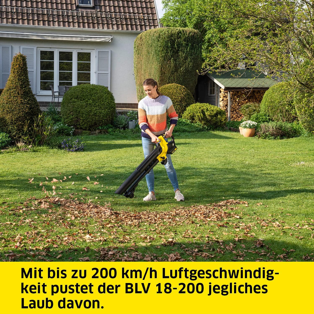 Kärcher 18 V Akku-Laubbläser und -sauger BLV 18-200 Battery Set, inkl. 18 V/2,5 Ah Akku und Schnellladegerät, mit Mulchfunktion, Luftgeschwindigkeit: 200 km/h, Fangsackvolumen: 45 l, Gewicht: 3,5 kg