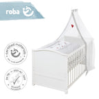 roba Babybett Set Adam & Eule - 70 x 140 cm - Mitwachsendes Kinderbett mit Bettwäsche, Himmel, Matratze - Höhenverstellbar - zu Juniorbett umbaubar - Holz weiß