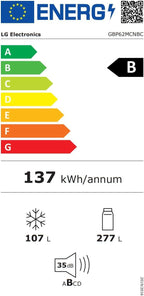 LG GBP62MCNBC, Klasse B, 384 L, Kühl-/ Gefrierkombination, Frische Features, Kühlschrank mit Gefrierfach und Innendisplay, DoorCooling+, LINEARCooling, 59,5 x 203 x 67,5 cm ꟷ Matte Black