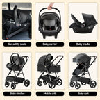 Gcarebb 3 in 1 Kinderwagen, Buggy Mit Auto Babyschale, Mit Höhenverstellbarer Kinderwagen Komplettset, KombiKinderwagen Mit Aluminiumrahmen für Neugeborene 0-4 Jahre