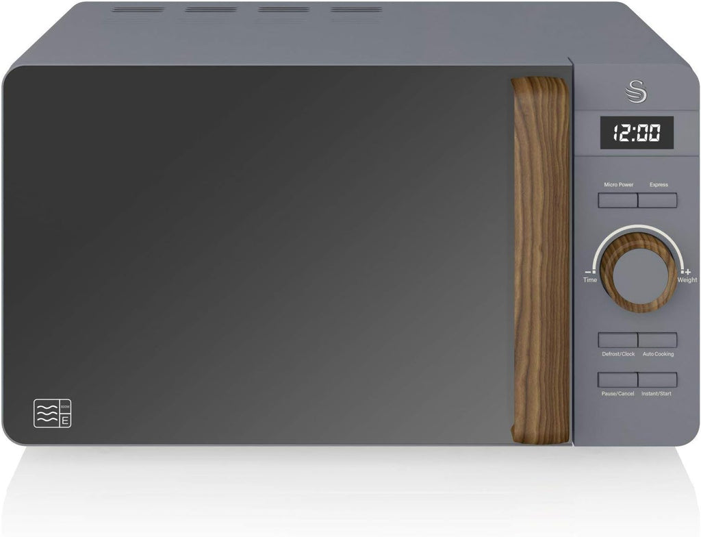 Swan Nordic 20 L digitaler Mikrowellenherd, 6 Leistungsstufen, 800 W Leistung, 30-Minuten-Timer, einfache Reinigung, Abtaumodus, modernes Design, Griff in Holzoptik, mattwei