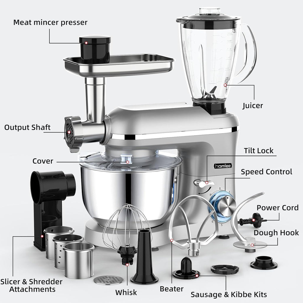 Homlee 3 in 1 Küchenmaschine 1800W Multifunktionale Knetmaschine 6-stufige Gescheindigkeit Mixer, mit Fleischwolf, 1.5L Saftpresse, 5.5L Edelstahlschüssel Teigmaschin