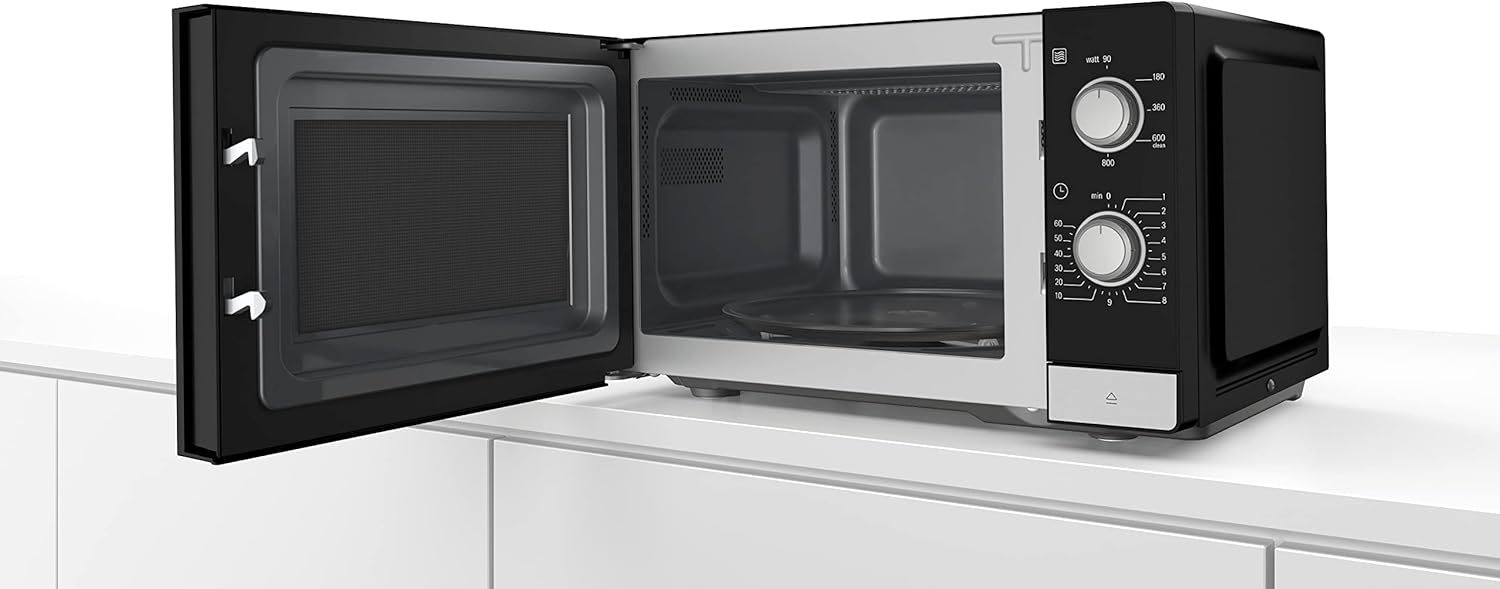 Bosch FFL023MS2 Serie 2 Mikrowelle, 26 x 44 cm, 800 W, Drehteller 27 cm, Türanschlag Links, AutoPilot 7 7 Automatikprogramme, Reinigungsunterstützung, LED-Touchdisplay, Edelstahl