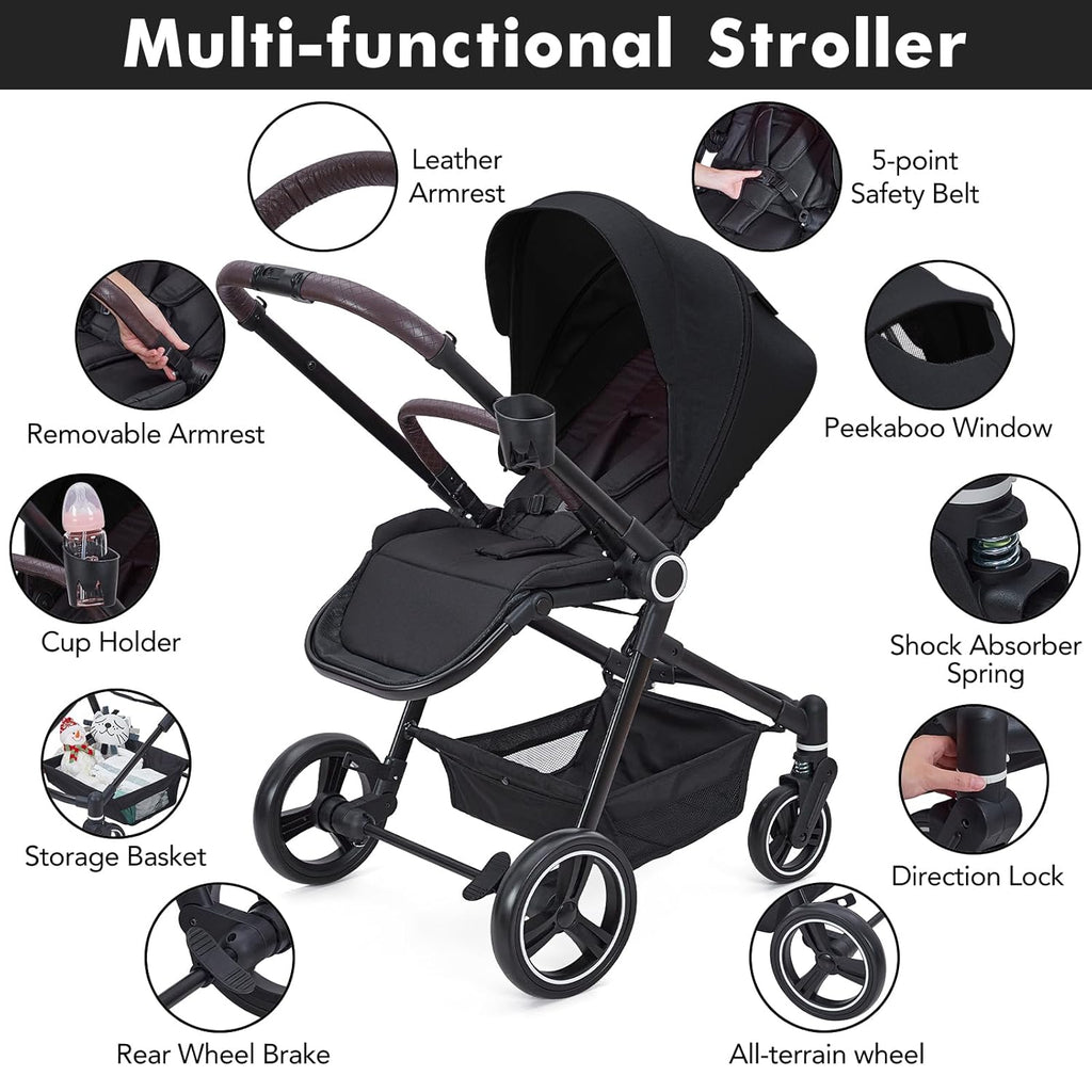 3 in 1 Kinderwagen Set mit umkehrbarem Sport-Sitz, Babywanne & Buggy – Ein-Klick-Zusammenklappbar, Leicht & Tragbar mit Großem Regenschutz