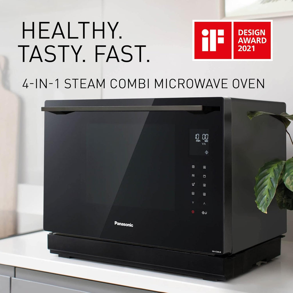Panasonic NN-CS88LBEPG | 4-in-1-Kombi-Dampfofen, 31 l, Inverter, Drehheizung auf 30-230 °C, Flachgrill 1300 W, Mikrowelle 1000 W, Dampf 1300 W, feste Oberseite, Schwarz — Version FR