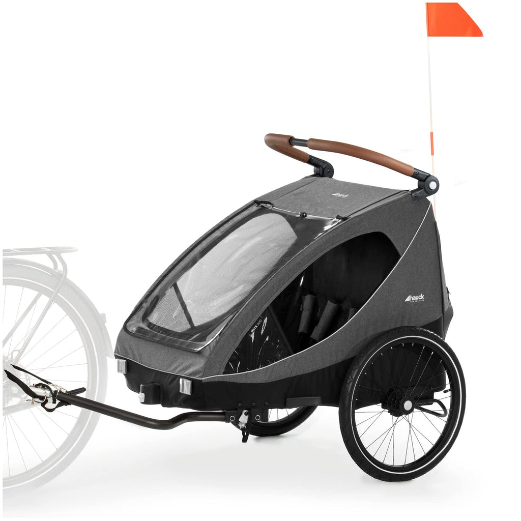 hauck Fahrradanhänger & Kinderwagen Dryk Duo Plus mit Federung, für 2 Kinder (6-48 Monate), inkl. Deichsel, Buggyrad, Fahne und LED Licht, Faltbar, Höhenverstellbar, XL Kofferaum (Dark Green)