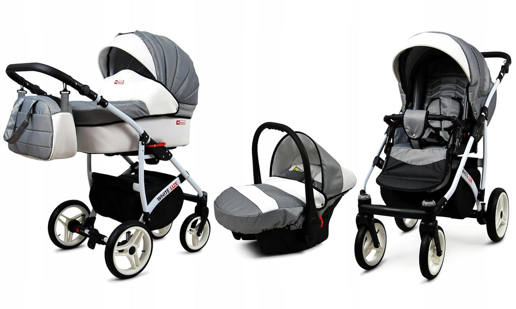 BabyLux® Bambimo Kinderwagen Set 3 in 1 - White Lux - incl. Babywanne, Buggy Sportsitz, Auto-Babyschale - Autositz - Kinderwagenset - Kombikinderwagen mit Wickeltasche, Regenschutz usw.