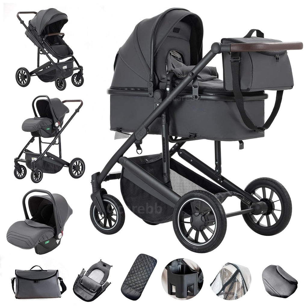 Gcarebb 3 in 1 Kinderwagen, Buggy Mit Auto Babyschale, Mit Höhenverstellbarer Kinderwagen Komplettset, KombiKinderwagen Mit Aluminiumrahmen für Neugeborene 0-4 Jahre