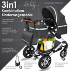 KESSER® Loops 3 in 1 Kinderwagen Kombikinderwagen Komplett-Set inkl. Babywanne & Buggy Sportsitz & Auto-Babyschale Voll-Gummireifen Wickeltasche Regenschutz Kindertisch ECE R129, Schwarz/Champagne