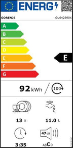 Gorenje GU642E90X Geschirrspüler/Unterbaugerät/59,9 breite/13 Maßgedecke/6 Programme/Total AquaStop/Ecoprogramm/Höhenverstellbar/Memory Funktion/Eco-Programm/Intensivprogramm/EEK: E/Grau-Metallic