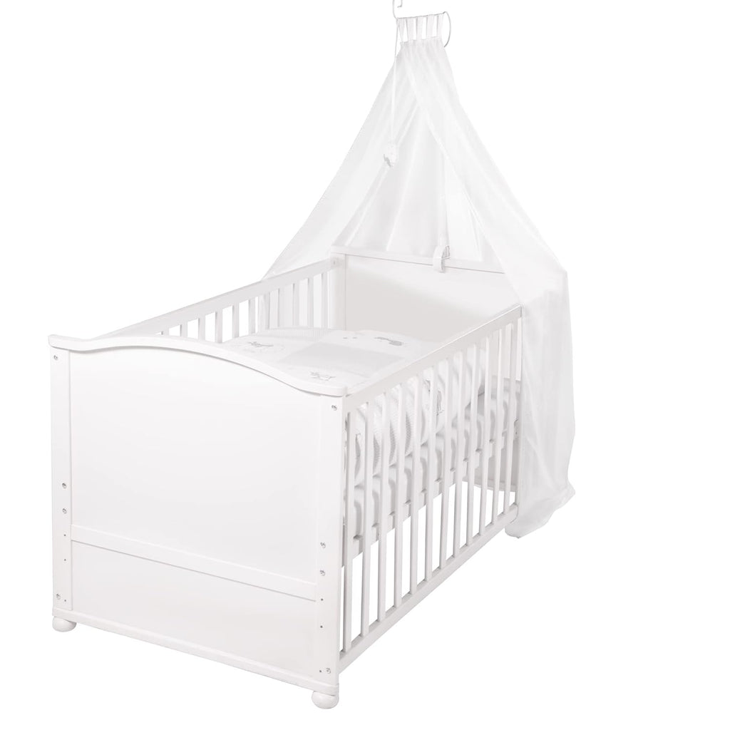 roba Babybett Set Adam & Eule - 70 x 140 cm - Mitwachsendes Kinderbett mit Bettwäsche, Himmel, Matratze - Höhenverstellbar - zu Juniorbett umbaubar - Holz weiß