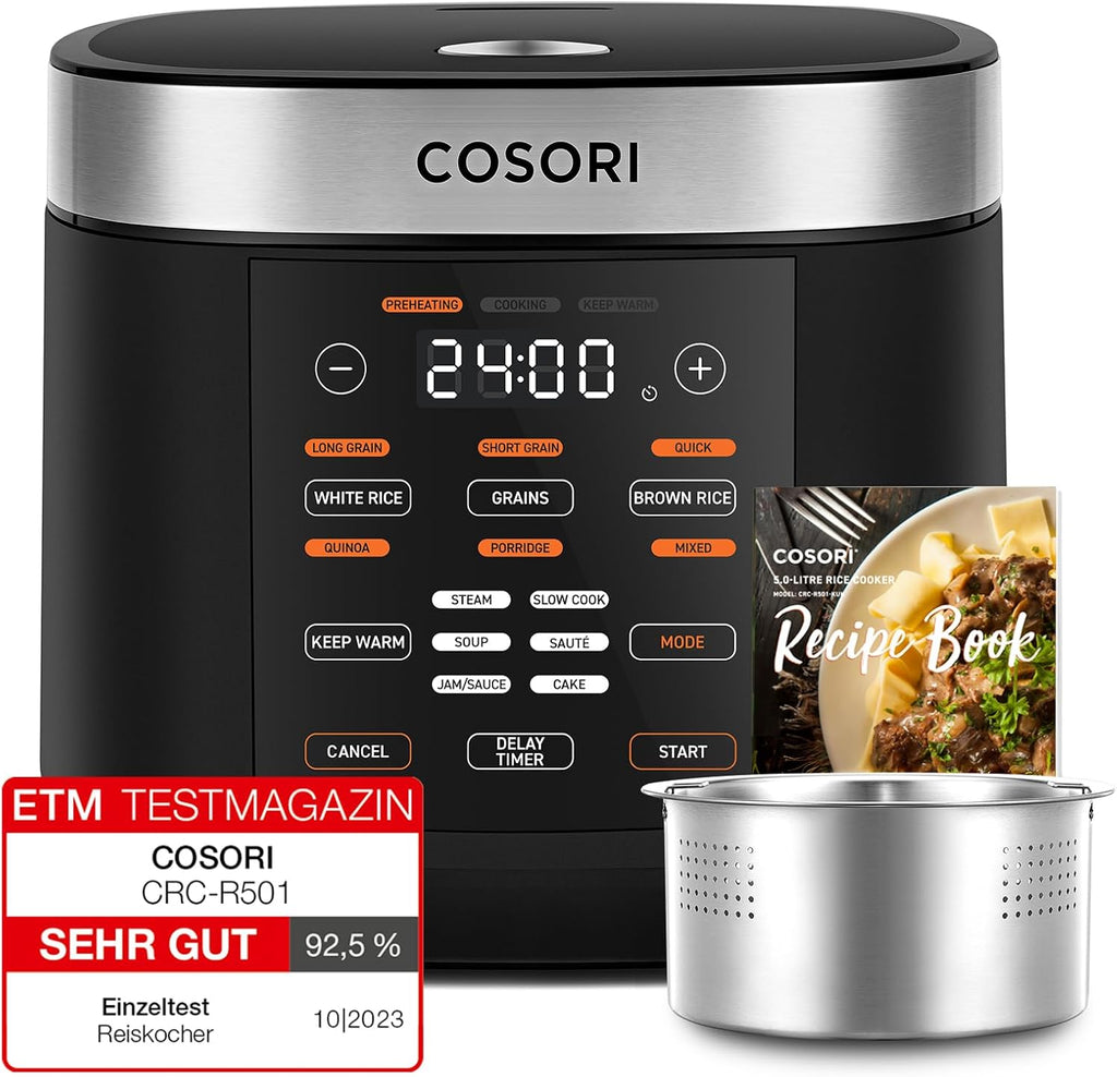 COSORI Reiskocher, Multikocher mit 17 Programme, Rice Cooker 1,8 L, Fuzzy-Logik, Dampfgarer mit Edestahleinsatz, Rezeptbuch, Slow Cooker, Premium Innentopf, Warmhaltefunktion, Timer, Schwarz