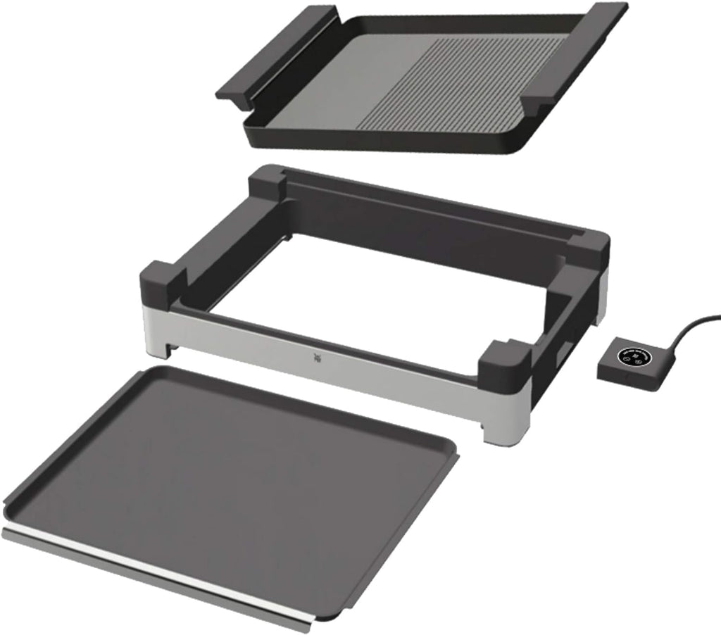 WMF Lono Tischgrill elektrisch mit Glasdeckel, beschichtete Grillplatte, herausnehmbare Auffangschale, spülmaschinenfest, Edelstahl matt, 2200 Watt