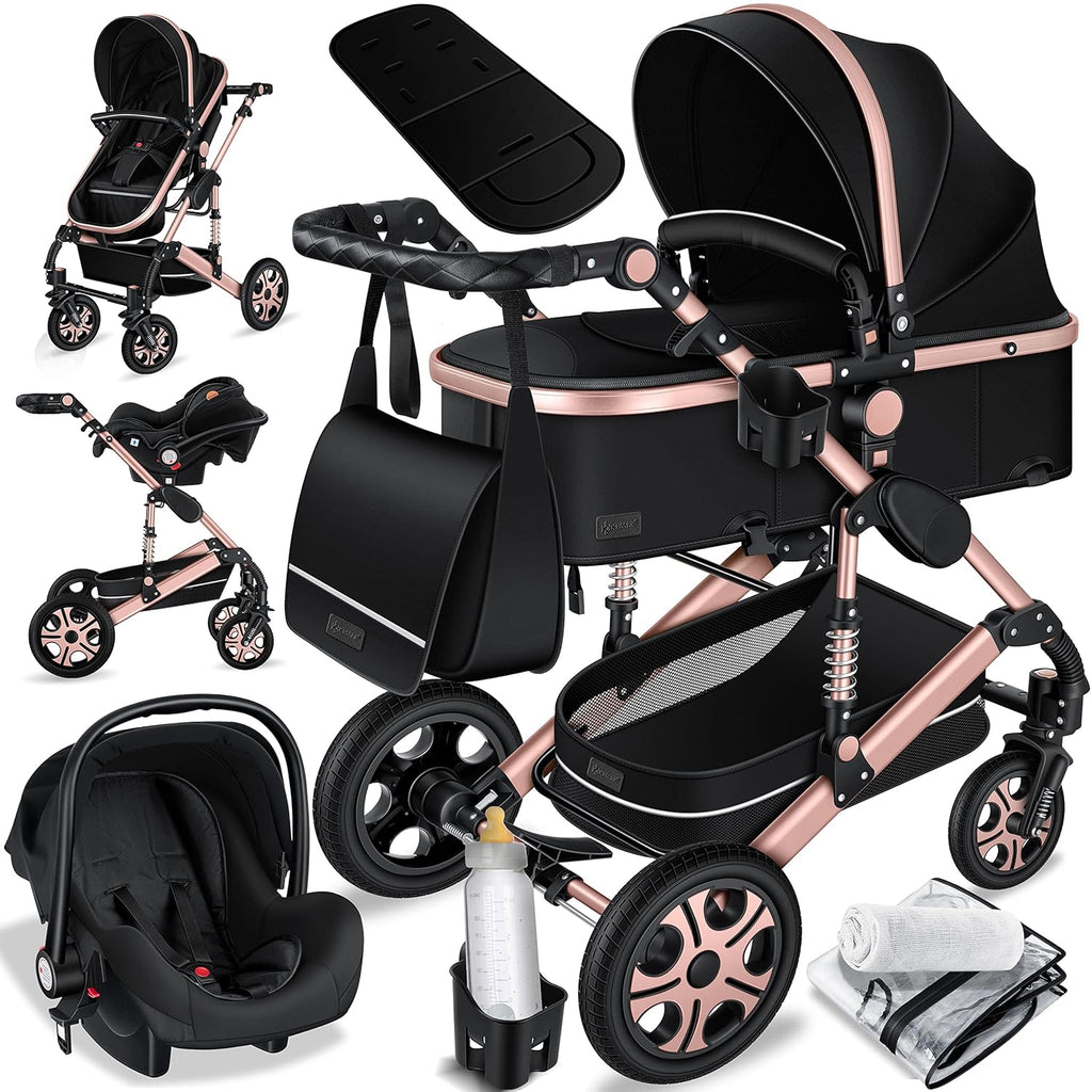 KESSER® Loops 3 in 1 Kinderwagen Kombikinderwagen Komplett-Set inkl. Babywanne & Buggy Sportsitz & Auto-Babyschale Voll-Gummireifen Wickeltasche Regenschutz Kindertisch ECE R129, Grau/Silber